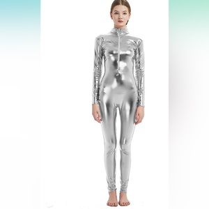Silver Metallic Bodysuit Super Hero Halloween Costume Medium
